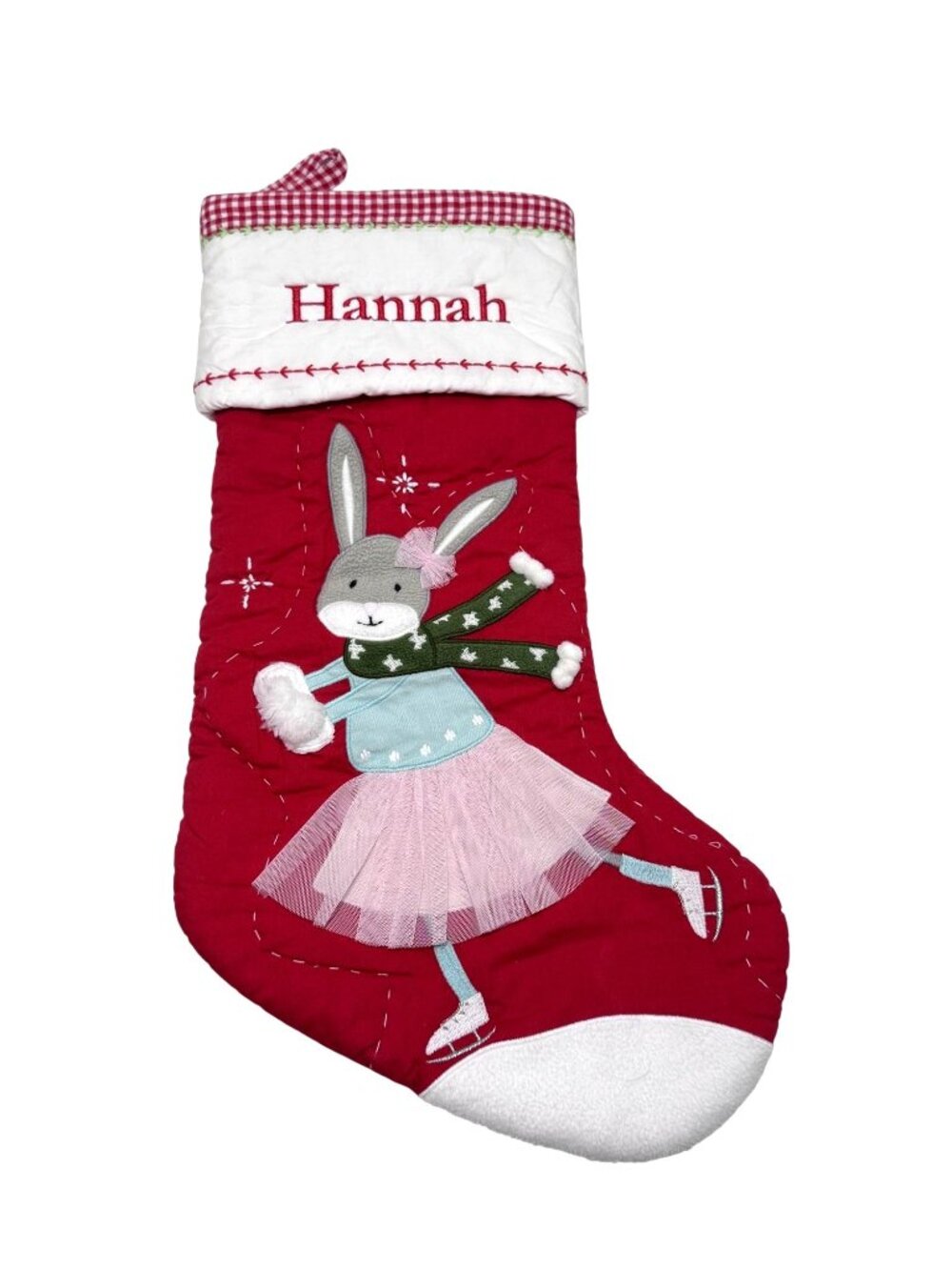 Pottery Barn Kids Bunny Ice Skater Red Gingham Quilted Stocking Hannah Mono